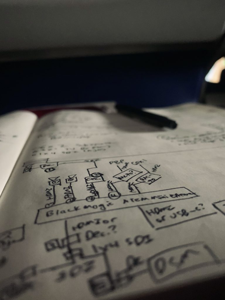A notebook is open on an airplane tray table, showing writings and diagrams captured with a narrow focus.